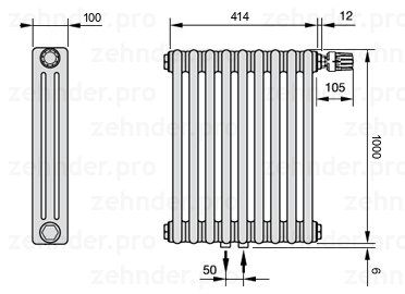 Схема (чертеж) Радиатор Zehnder Charleston 3100/9 №V008 Белый глянцевый RAL 9016